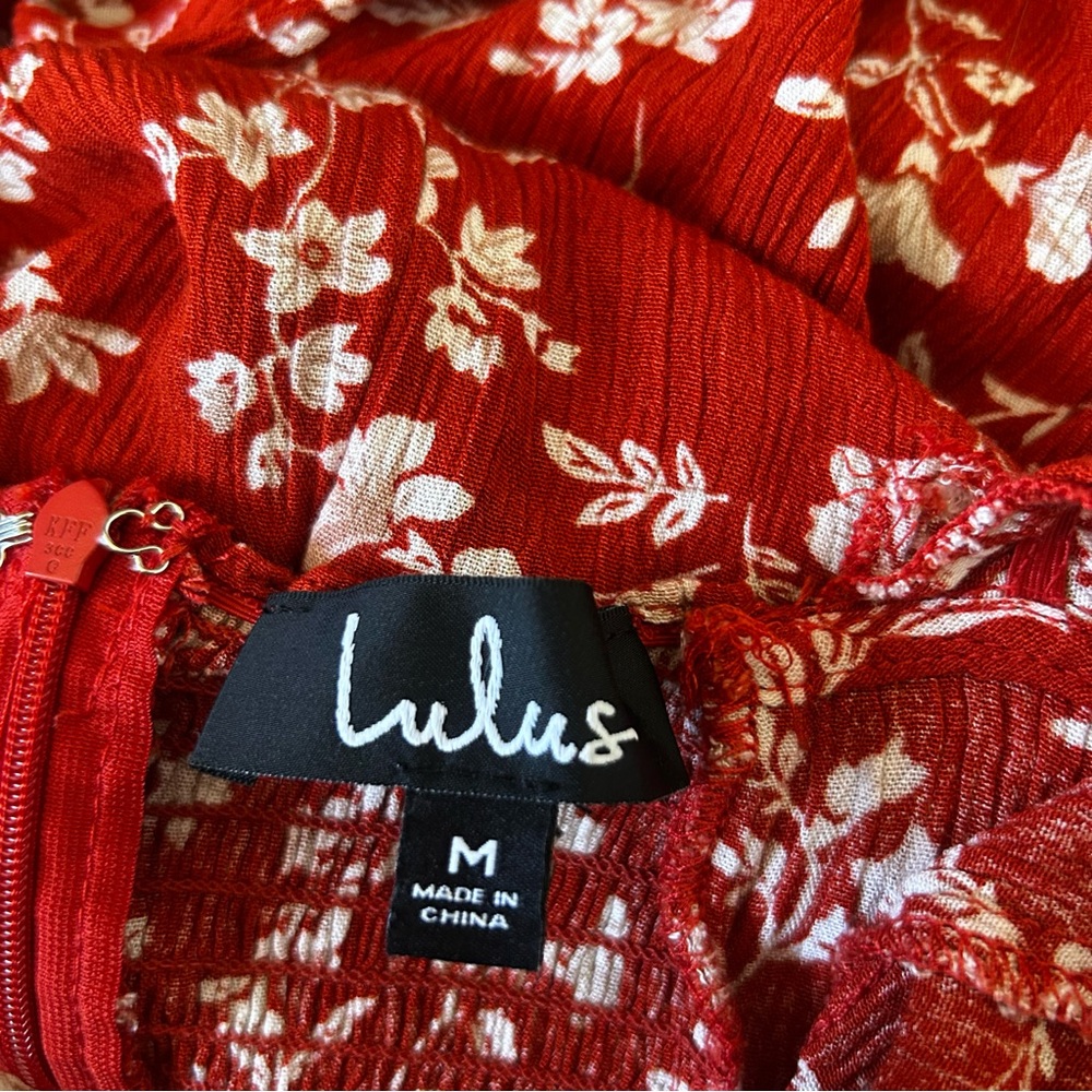 Lulus Red Floral Lightweight Smocked Knee Length Sun Dress Size Medium - Picture 8 of 8